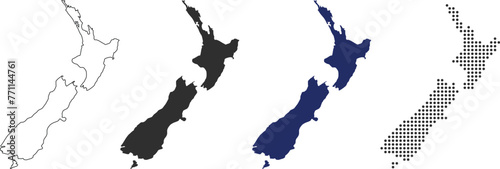 New zealand map in various style outline, black, blue, and dotted