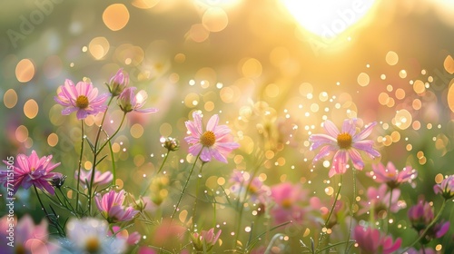 Wildflower meadow at sunrise, dewy freshness