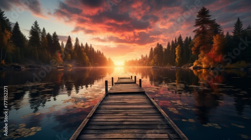 Serene lake dock at sunrise with a canoe