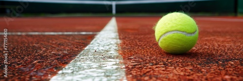 Close-up tennis ball on red court line - A macro shot of a yellow tennis ball placed on the white line of a red clay court, depicting the game's precision