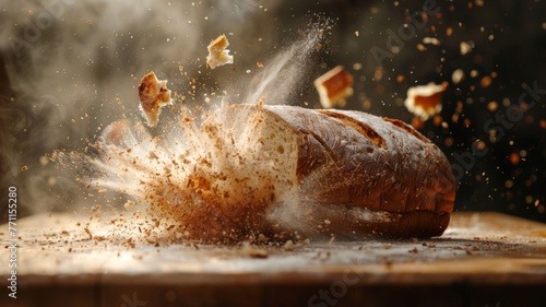 A loaf of bread being torn apart, with crumbs exploding outward