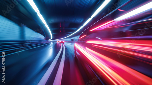 High-speed tunnel. Cars move quickly through an underground tunnel. Long exposure concept, bright illumination from car headlights.