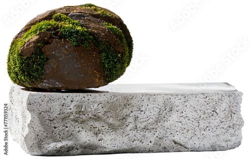 Close-up of rock covered with moss and grass, isolated on a white background