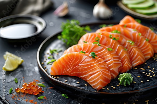 salmon sashimi on table