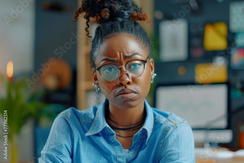Upset black woman in blue shirt and eyewear making dislike gesture while working by desktop in office. Displeased female manager feeling bored during busy day, Generative AI