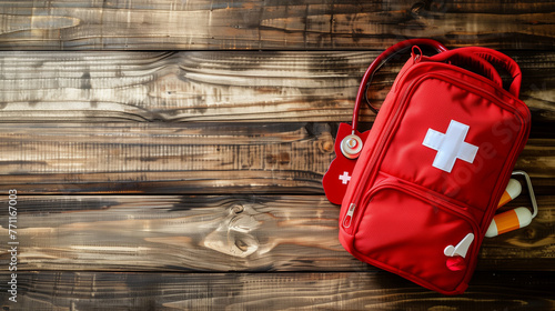 First aid medical kit on wood background,copy space,top view, A vibrant red backpack rests peacefully atop a rustic wooden floor, symbolizing exploration and adventure