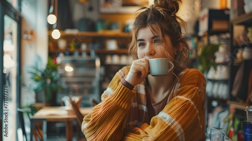 Portrait of a hopeful female clothing store owner drinking tea