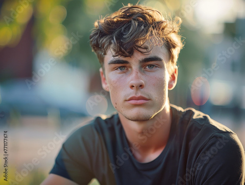 Portrait of a Young 21 year old Man in Natural Light outdoor setting handsome connection facial expression casual lifestyle personable engaging relaxed headshot sincerity charm, attractive male candid