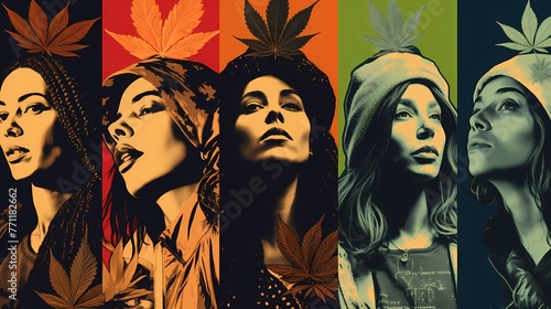 Woman in various poses, a colorful backdrop and hemp leave behind her.