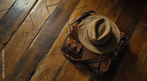 purse and hat on wooden floor in the style of masculi 67eff139-e141-4e5d-a2fc-c614454fb9b8 1