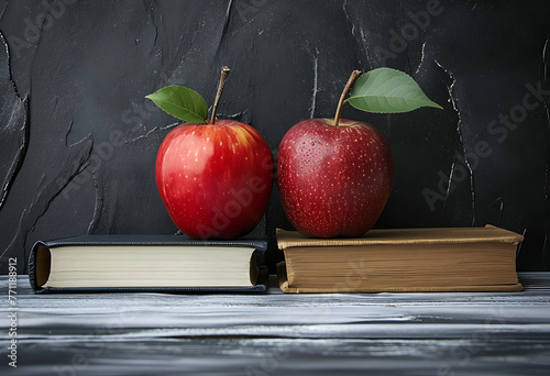 red apple over books on a black chalkboard background i f0251093-8f3f-4a9c-822d-2048f143d13d