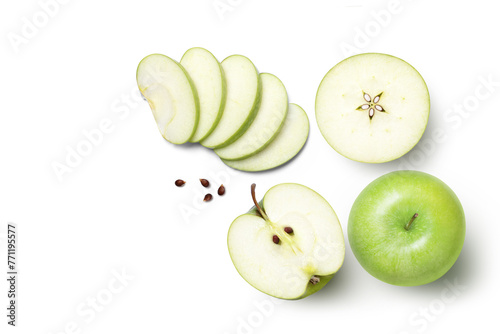 Green granny smith apple and cut in half sliced with seeds isolated on white background. top view, flat lay.