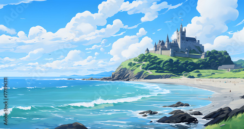 a scenic view of a castle on a cliff over looking the ocean