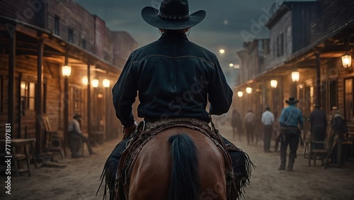 Back view of cowboy riding on a horse, western movie scene in wild west town