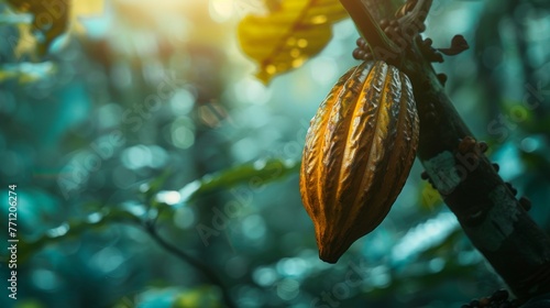 Fresh cacao beans on a blurred lush jungle background, dark and mysterious