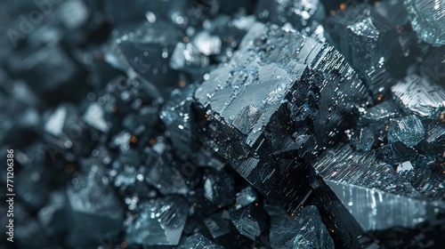 Galena crystals on a blurred metallic surface, lead’s raw form
