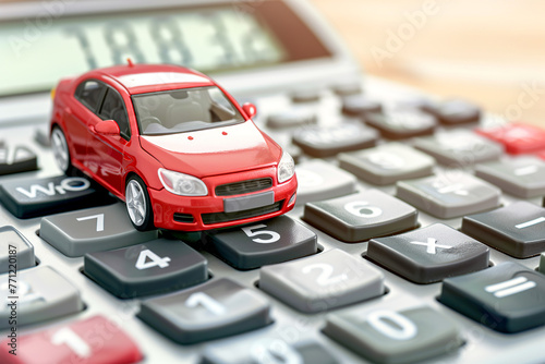 Red toy car on calculator, auto tax and financing, insurance and loans, concept of savings money on vehicle purchase