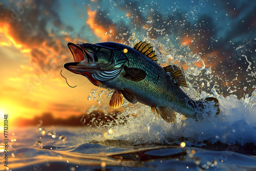 the bass is jumping out of the water in a sunset in t 93bb214f-86a5-48ba-bed4-a1f5ca412d0d 2