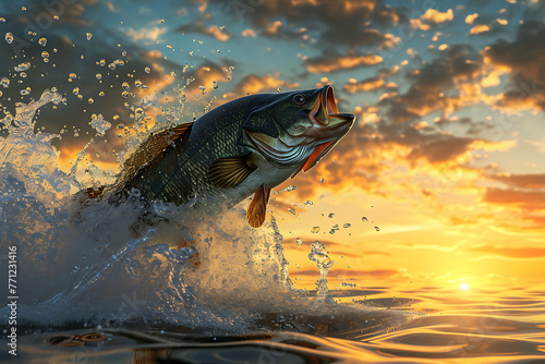 the bass is jumping out of the water in a sunset in t 93bb214f-86a5-48ba-bed4-a1f5ca412d0d 1