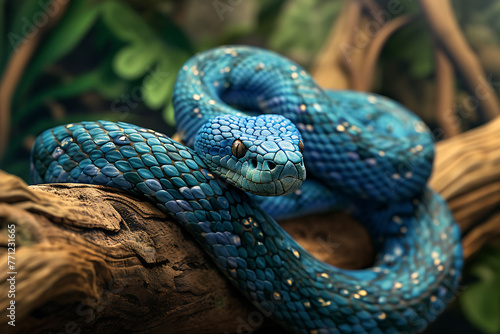 the blue tree snake slithers over a wooden branch in d802c099-1783-4b6e-bb33-7610d8ac154f 0
