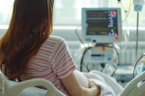 A pregnant woman being induced in the hospital with iv and contractions monitor.