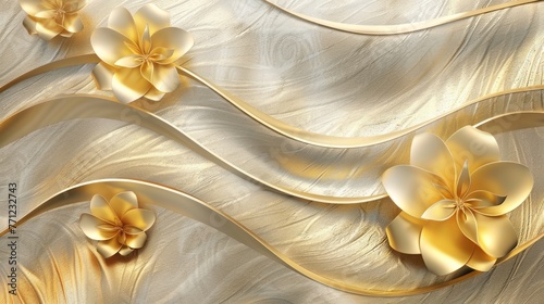 Sfondo 3D con texture dorata liscia Elegante e lussuosa combinazione d'argento accompagnata da una bella icona del fiore di gelsomino - Raccomandazioni per il design della carta da parati per interni