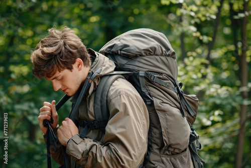 Hiker leans over to zip up backpack his large heavy backpack.