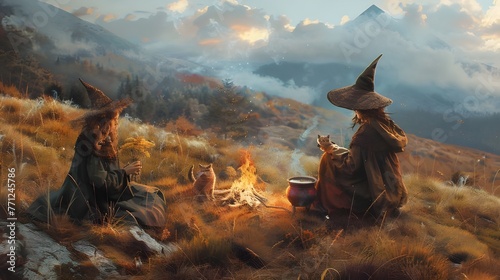  In a pastoral clearing in the mountains, witches and healers settled down, engaged in their rituals and magical rituals around a campfire. Under the moonlight and stars, their silhouettes acquire mys