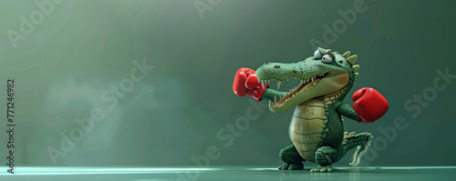 Animated crocodile character with boxing gloves and a mouthguard ready for a match