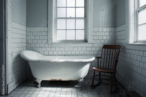 the white tiled bathroom has a tub a window and wooden 12c1cb7a-c209-478e-8f65-95d93afb8ba1
