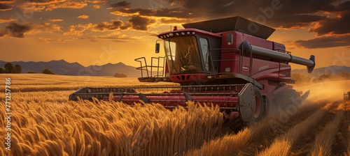 a combine harvester efficiently harvesting mature wheat in a vast agricultural field, capturing the golden hues of the sunset casting a warm glow over the landscape