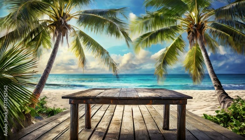 beach palm trees An empty dark wooden golden table nestled amidst palm trees on a tropical beach, golden hour light sky, summer, 
