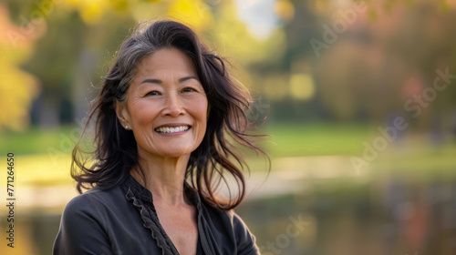 Asian american woman in her 50s who exudes happiness and a sense of feeling truly alive in a beautiful natural park near a lake, genuine smile on her face, relaxed and confident, female who found joy
