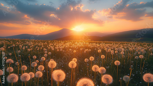 dandelion field in rural landscape at sunrise. beautiful nature scenery with blooming weeds in morning light. clouds on the sky above the distant mountain.