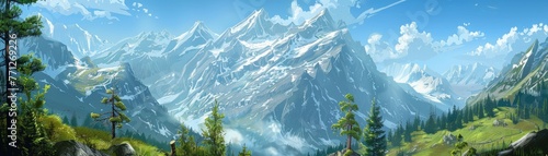 A mountain range with snow on the peaks and a few trees in the foreground