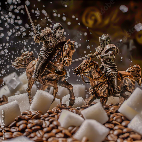 Coffee beans as valiant knights jousting atop sugar cube steeds, a caffeine-fueled tournament
