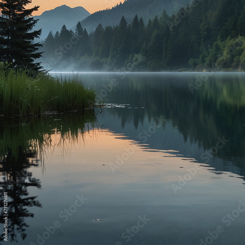delicate and modern atmosphere, portraying a serene scene by a tranquil lakeside in the heart of a quiet forest