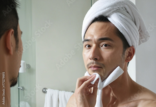 Man wiping face with towel Skincare Image colorful background
