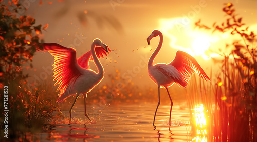 two flamingoes with wings open at sunset in the style 6bb4f80e-ad61-456a-a45b-021edf660b93 0