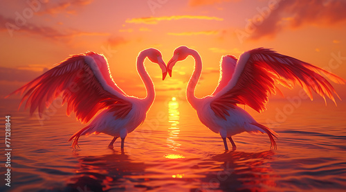 two flamingoes with wings open at sunset in the style 6bb4f80e-ad61-456a-a45b-021edf660b93 3
