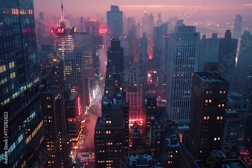: A bustling cityscape at sunset, with skyscrapers lighting up and lights flickering as the day transitions to night, time-lapse view