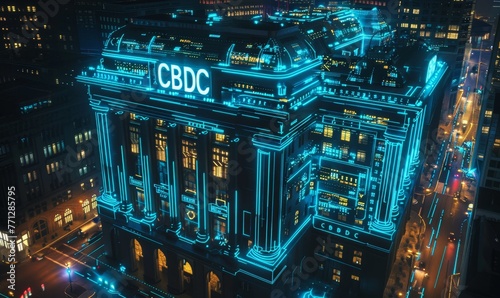 Illuminated Concept Art of Central Bank Digital Currency Building with Cityscape and Cybernetic Features CBDC