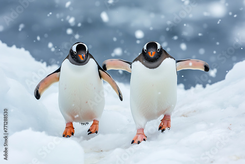two penguins are walking on snow in the style of play e7270046-f5e6-4668-81ef-b0d2445bb2d5 2