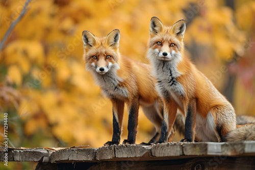 two red foxes are standing on a wooden platform in the bb8761d7-e006-4e93-af2d-728a16f3c2b2