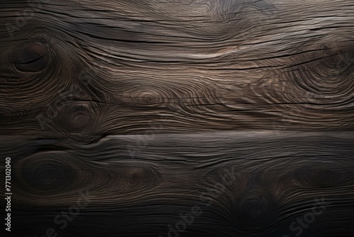 A dark, weathered wooden board texture, with intricate knots and grain patterns illuminated by a single light source