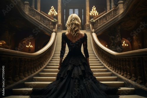 Woman in black dress walking down a grand staircase
