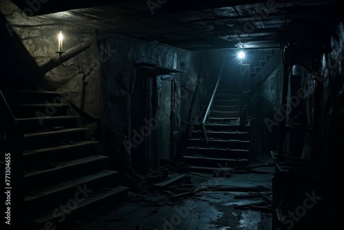 Dark and creepy basement with flickering lights and mysterious shadows