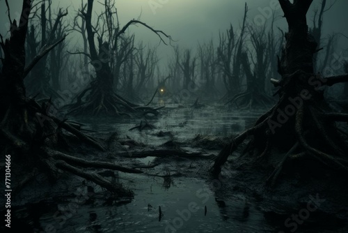 Mysterious swamp with twisted trees