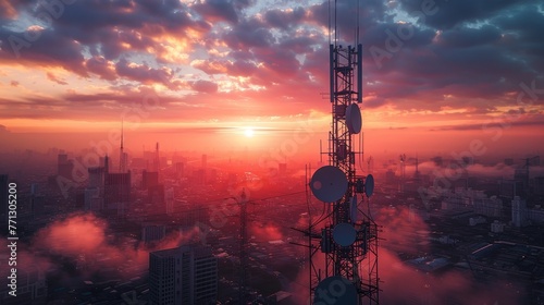 A tall tower with a satellite dish on top is silhouetted against a beautiful sunset. The city below is lit up with the warm glow of the sun setting in the distance