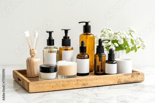 various beauty products on a wooden tray in nature of c e6927e19-7770-49cd-998b-bc7fc312c97b